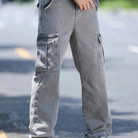 Men's multi pocket denim work pants straight leg denim pants