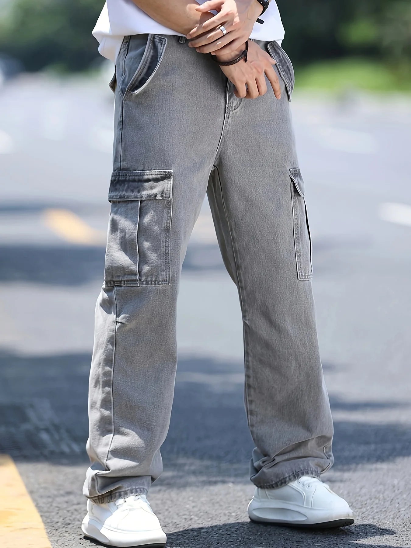 Men's multi pocket denim work pants straight leg denim pants
