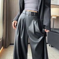 High Waist Wide Leg PU Leather Pants Women's Suit Casual Floor Length Trousers Autumn Winter New Style Loose Fit Long Pants