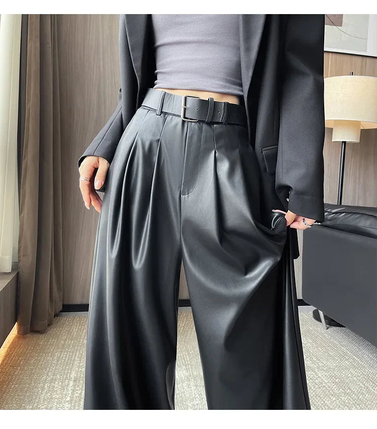 High Waist Wide Leg PU Leather Pants Women's Suit Casual Floor Length Trousers Autumn Winter New Style Loose Fit Long Pants