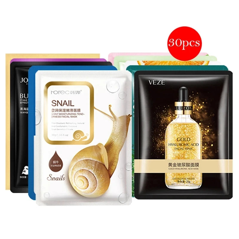 30pcs BIOAQUA skincare Face Masks Women Face skin care Sheet Mask Moisturizing Anti-wrinkle Hydrating Snail Korean Facial Mask