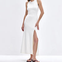 Knit Sleeveless Dresses For Women Long Elegant White High Slit Dress Bodycon Ladies Office Skinny Maxi Tank Rib Dress Female