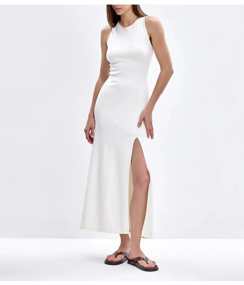 Knit Sleeveless Dresses For Women Long Elegant White High Slit Dress Bodycon Ladies Office Skinny Maxi Tank Rib Dress Female
