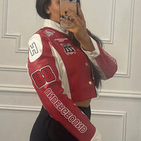 Cutenew Panelled Feather Women Coats New Letter Print Patchwork Buttons Full Sleeve Zip-up Crop Jackets Female Street Outwear