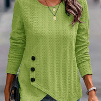 Women's Long Sleeve Round Neck Top Solid Color Button Jacquard T-Shirt Elegant Trend Autumn Top