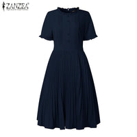 2025 ZANZEA Elegant Women Midi Dresses Summer Office Work Dress Short Sleeve O Neck Party Vestidos Pleated Sundress Robe Femme