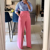 Autumn Casual High Waisted Pants Women Chic Fashion Solid Button Pocket Straight Leg Wide Leg Casual Pants Women