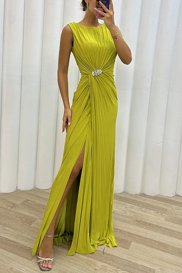 Women Sexy Dress New Sleeveless Solid Party Slim Empire Split Female Elegant Round Neck Fashion Long Clothing