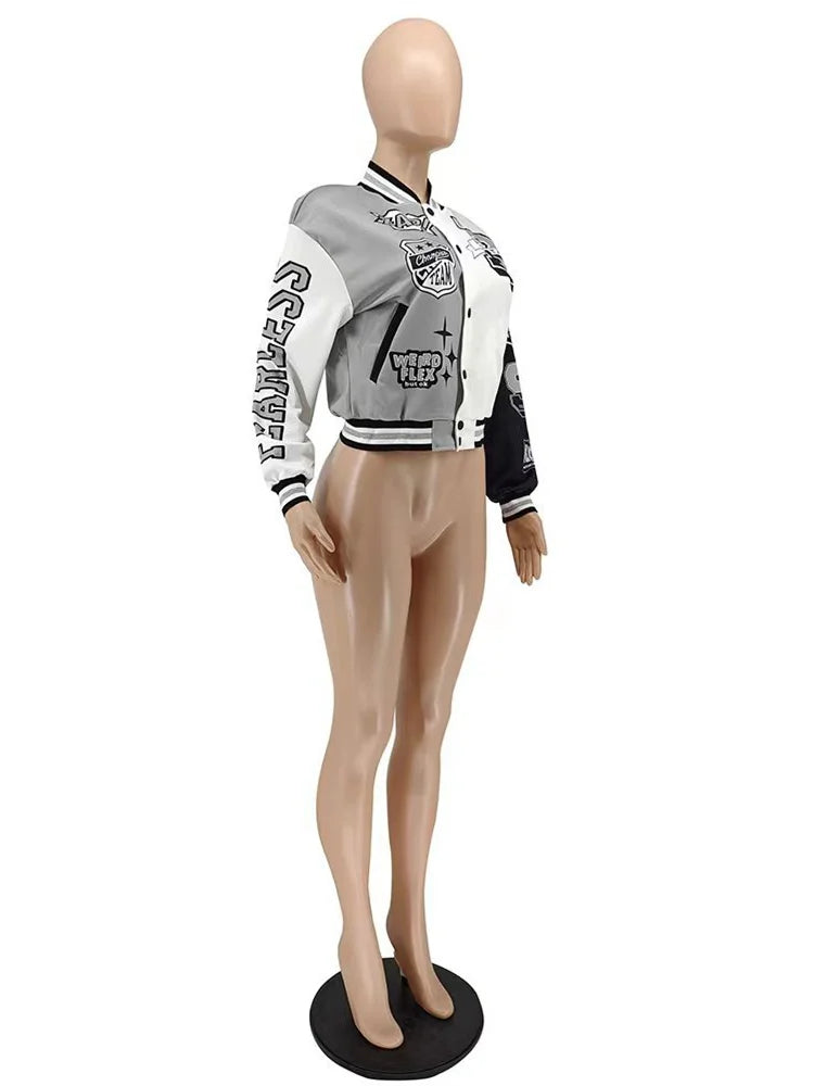 Winter Fall Jacket For Women Coat Trend O Neck Buttons Cropped Top Jacket Patchwork Baggy Blue Female Outerwear varsity jacket