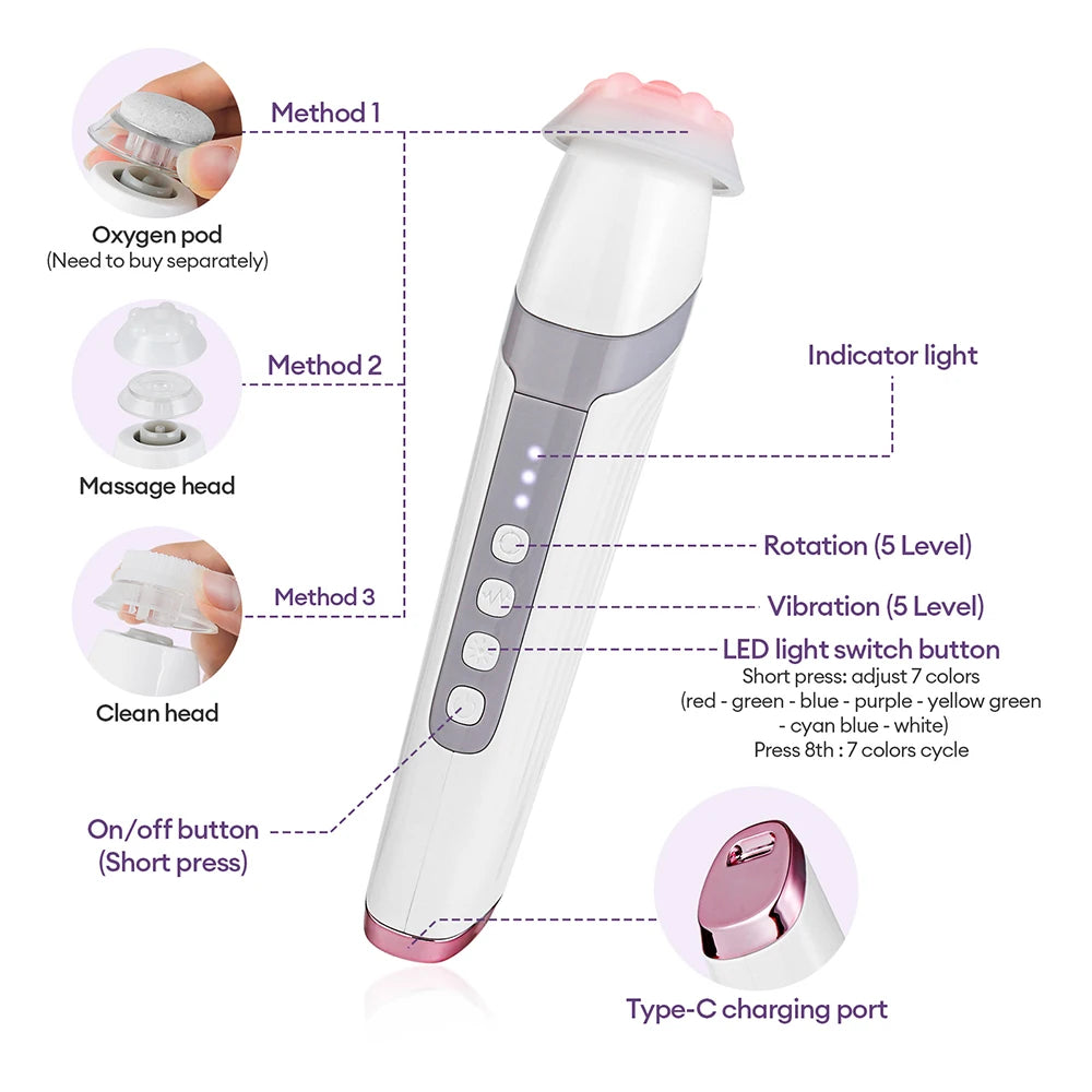 New CO2 Oxygen Bubble Pen 5 Gear Vibration Oxygen Bubble Beauty Tool Deep Cleansing Pores Exfoliate LED Photon Skin Care Machine