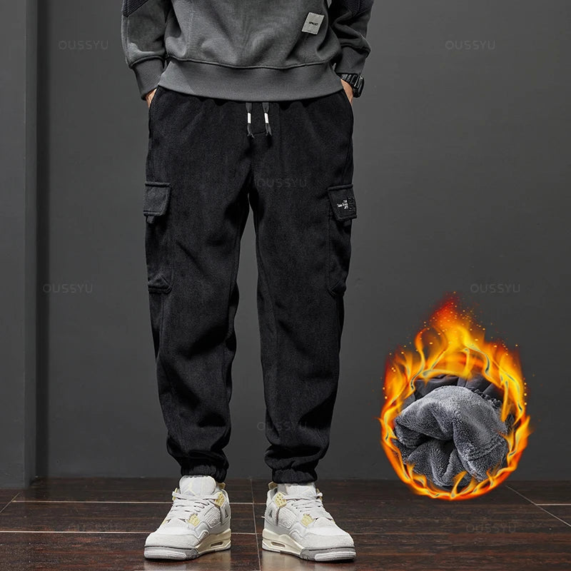 Winter Men's Fleece Warm Cargo Corduroy Pants Jogging Sweatpants Work Y2k Korean Pants Loose Harem Casual Trousers for Men