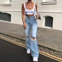 Hole Flare Pants Jean Women Fit Vintage Pockets High Waist Zipper Button Basics Denims Wide Leg Trousers 2025 Casual Jeans