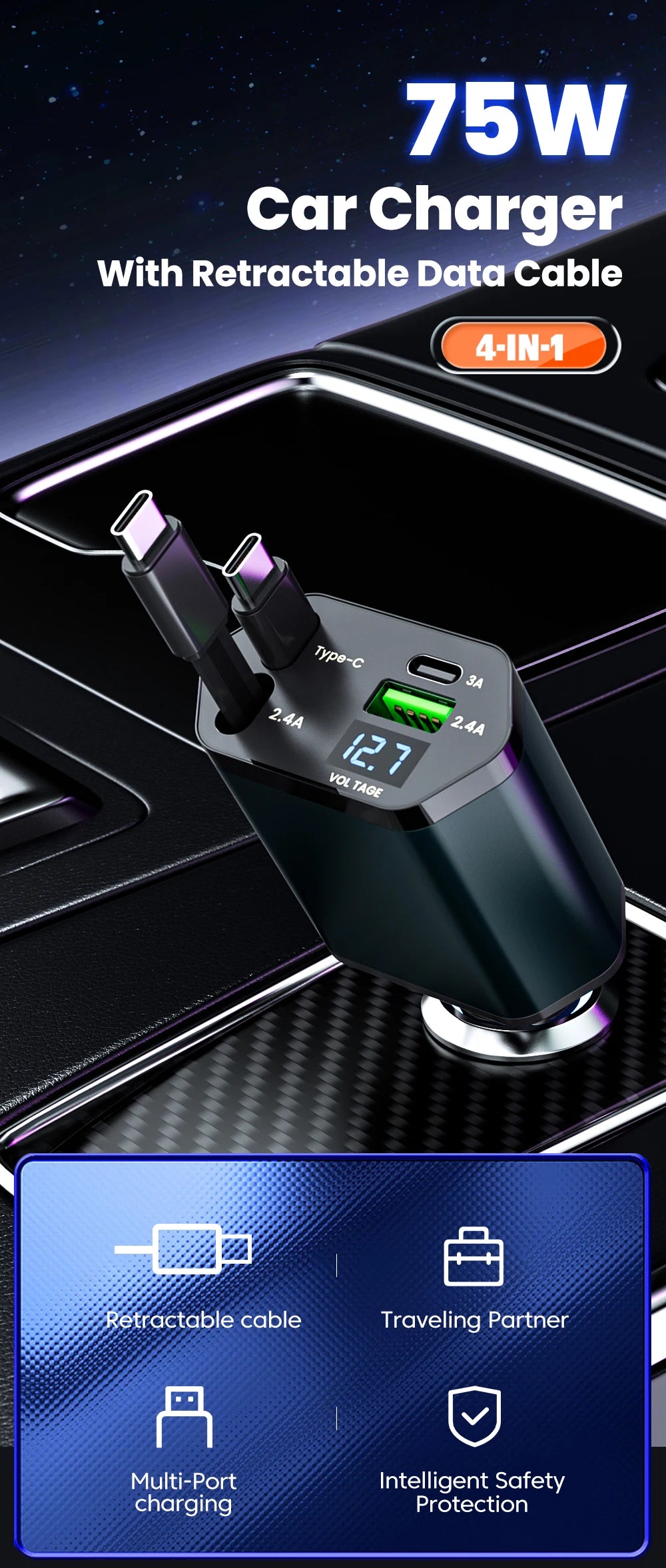 Elough 4 IN 1 Retractable Car Charger Fast Charging USB C To USB C ios Cable Charger USB Type C Car Adapter For iPhone Huawei