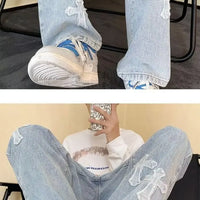 Cross Embroidery Y2k Jeans Mens Straight Denim Pants Casual Vintage Jeans Versatile Fashion Streetwear Spring High Street Pants