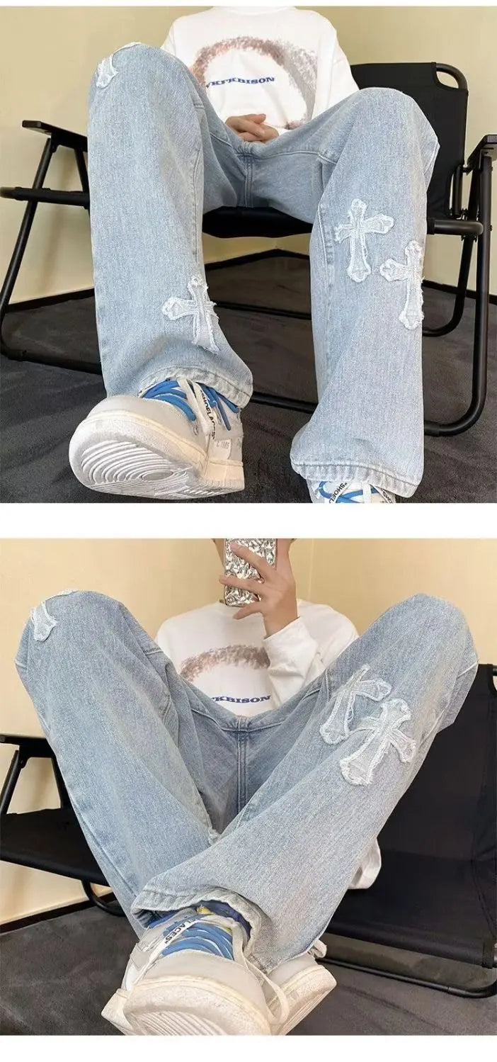 Cross Embroidery Y2k Jeans Mens Straight Denim Pants Casual Vintage Jeans Versatile Fashion Streetwear Spring High Street Pants