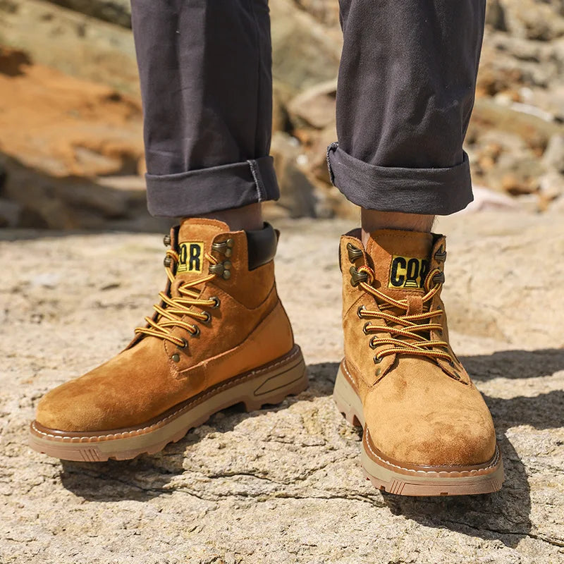 Autumn Winter Velvet Platform Boots for Men Designer Soft-soled Cow Suede Work Shoes Man Fashion Non-slip Yellow Ankle Boot Male