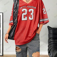 Summer New Black Enjoy Freedom 23 Print T-Shirt For Women V-Neck Short Sleeve Mesh Sports Football Jersey Y2K Oversized Tops