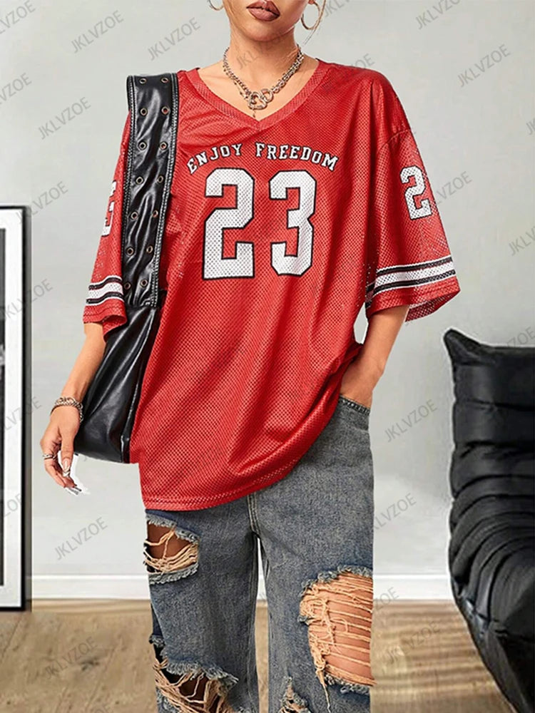 Summer New Black Enjoy Freedom 23 Print T-Shirt For Women V-Neck Short Sleeve Mesh Sports Football Jersey Y2K Oversized Tops