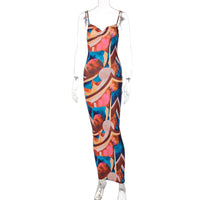 Tie Dye Print Ribbed Midi Dress For Women 2024 Summer Outfits Bodycon Side Slit Y2K Outfits Sexy Streetwear Long Dress