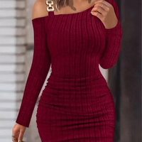 Stylish Metal Sheet Diagonal Collar Long Sleeved Dress  Women's Solid Slim knitted Dresses Sexy Off Shoulder Autum Roben