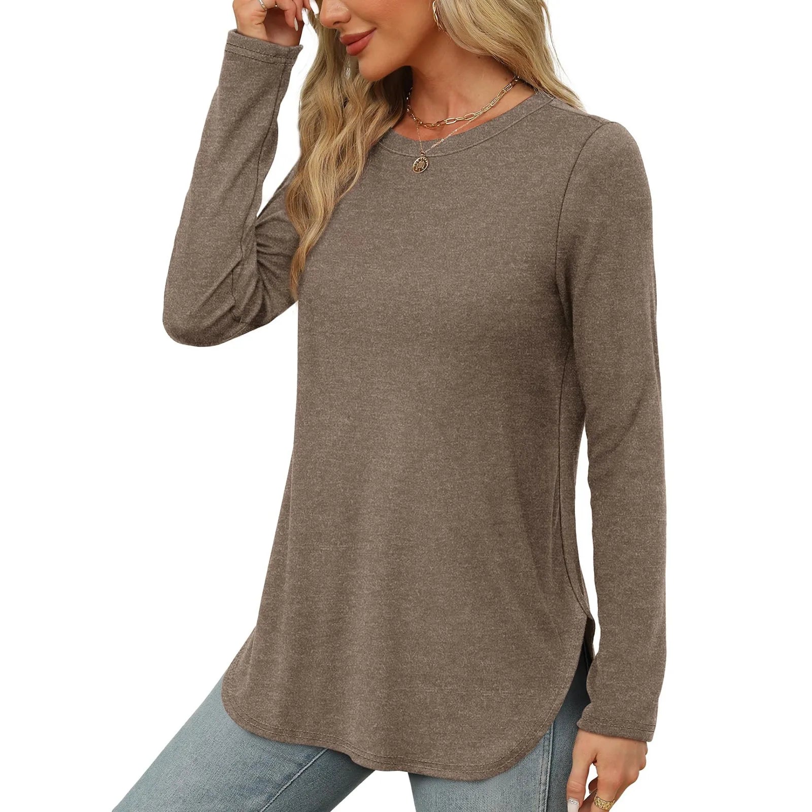 Traf 2024 Mujer Womens Long Sleeve Round Neck Shirts Side Split Basic Loose Tunic Tops Casual Shirts Ropa De Mujer Fashion