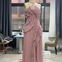 Elegant Purple Halter A Line Prom Gowns Ruffles Tiered Backless Party Gown Summer Vacation Chiffon Long Evening Dress