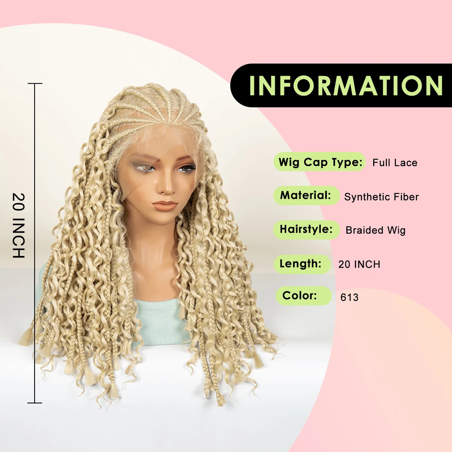 20inch Synthetic Cornrow Braided Wigs Half Braids Half Bohemian Wig 613# for Black Women Knotless Fashion Wig Sytlish