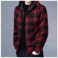 Men Sweater Jacket Fashion Winter Coat Fleece Hoodies High Quality Luxury Checkered Hooded Knit Cardigan Male Outer Wear