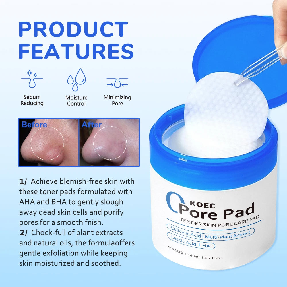 KOEC Zero Pore Pads 70Pads and Red Succinic Acid Facial Peeling Pads , for Exfoliation and Pore Care with AHA Lactic Acid