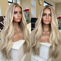Lace Wig Ombre Warm Blonde Highlights Synthetic Hair Wigs Invisible Lace with Light Brown Roots Slight Wavy