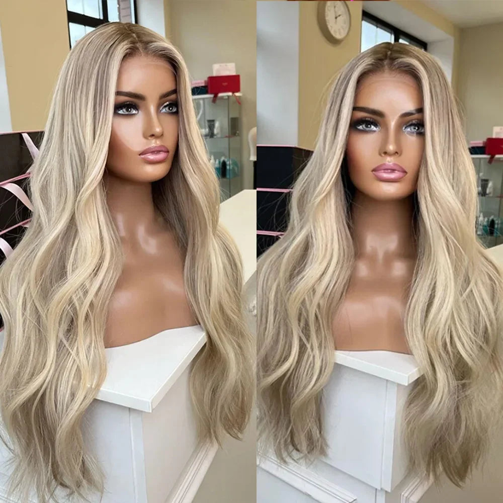 Lace Wig Ombre Warm Blonde Highlights Synthetic Hair Wigs Invisible Lace with Light Brown Roots Slight Wavy