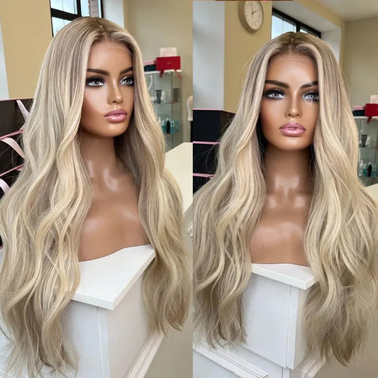 Lace Wig Ombre Warm Blonde Highlights Synthetic Hair Wigs Invisible Lace with Light Brown Roots Slight Wavy