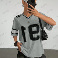 Summer New Black Speed 91 Print T-Shirt For Women V-Neck Patchwork Short Sleeve Sports Football Jersey Y2K Loose Oversized Tops