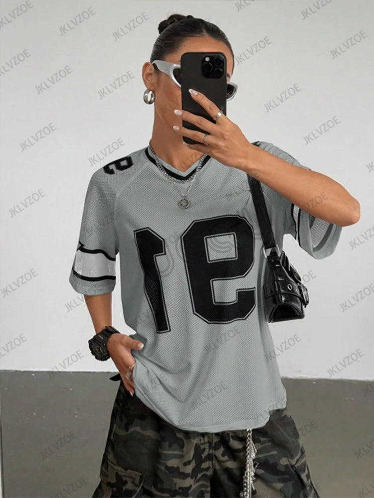 Summer New Black Speed 91 Print T-Shirt For Women V-Neck Patchwork Short Sleeve Sports Football Jersey Y2K Loose Oversized Tops