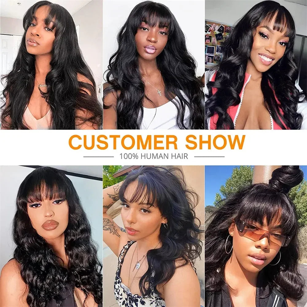 Body Wave Wig With Bangs Brazilian Human Hair Wig Sale Full Machine Made Fringe Glueless Wigs Ready To Wear 100% Original Hair