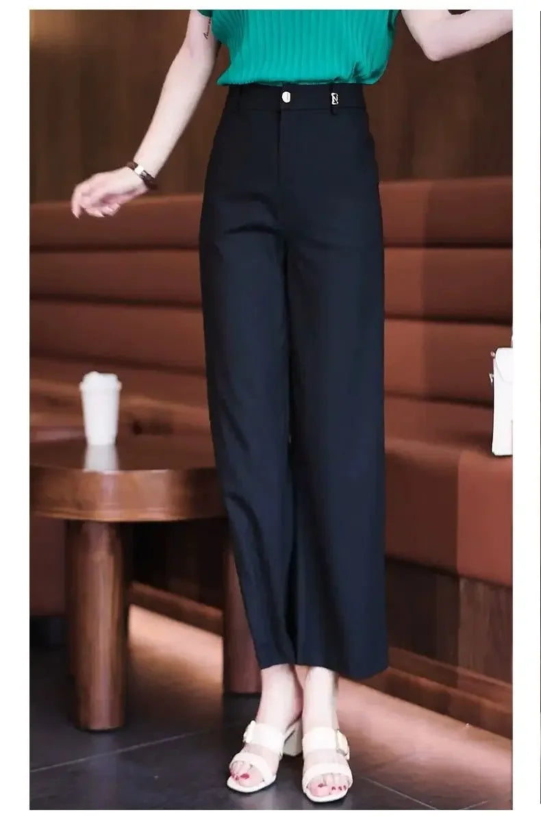 Nine-point Wide-leg Pants for Women in Summer Thin New High-waist Drooping Ice Silk Suit Women's Slim Straight Pants