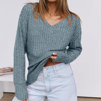 Women's Long Sleeve V-Neck T-Shirt Pit Stripe Milled Fashion Temperament Top