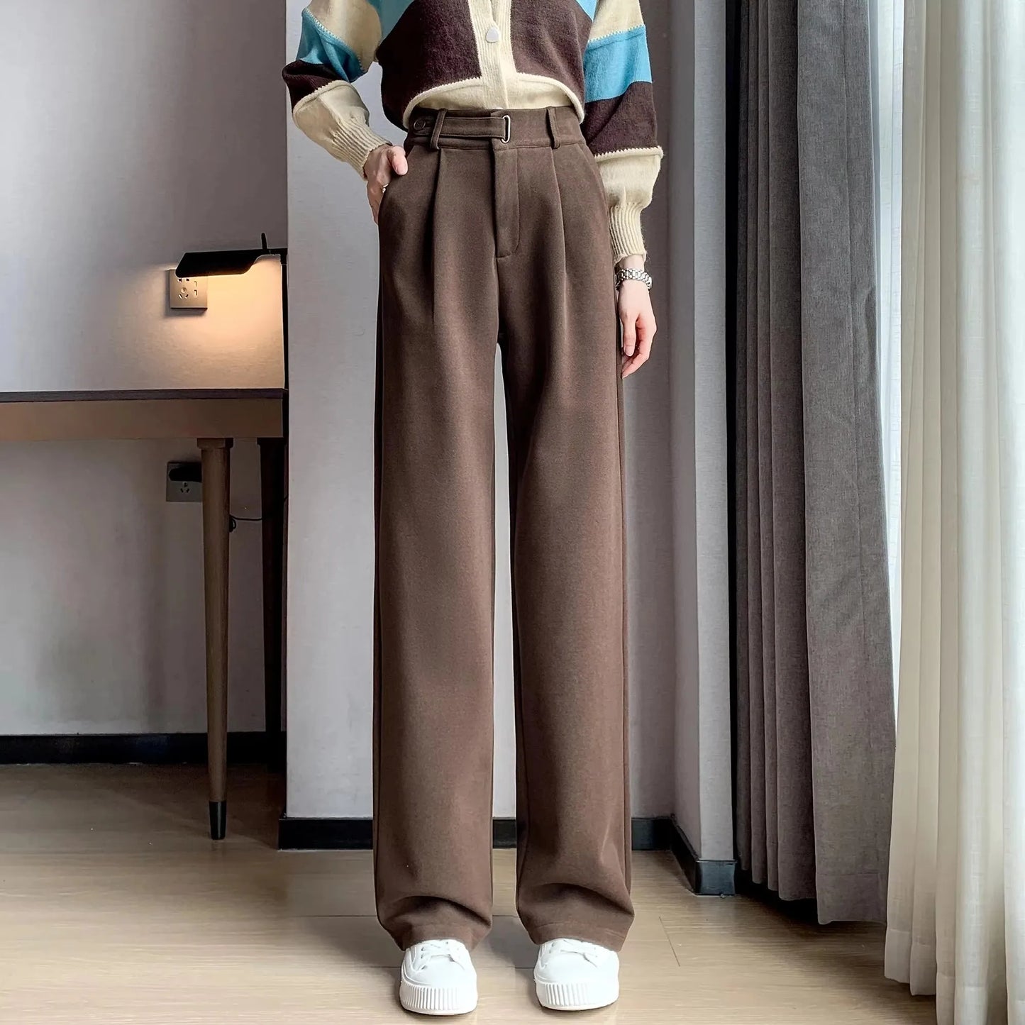 Women's straight leg pants, loose casual wide leg pants, women's adjustable elastic waistband, floor length suit pants