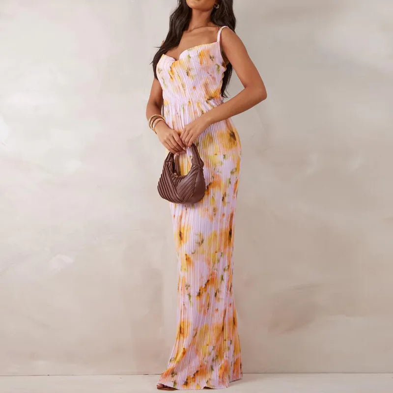 Folds Print Spaghetti Strap Slim Long Dresses Women Fashion Sexy Low Cut Package Hip Bodycon Party Dress Trendy Streetwear New