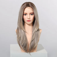 Gray Blonde Synthetic Wigs Dark Root Hairline Lace Frontal Straight Layered Wigs for Women Ladies Daily Use Wigs Heat Resistant