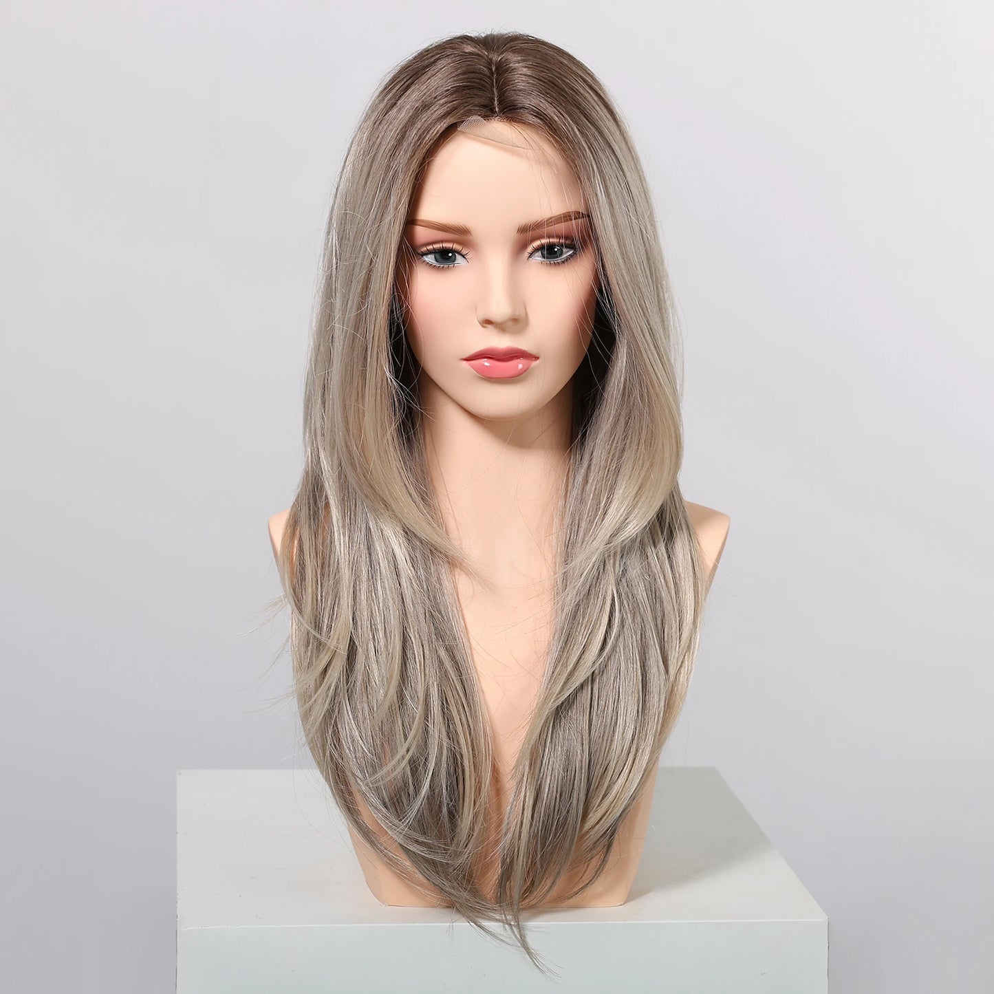 Gray Blonde Synthetic Wigs Dark Root Hairline Lace Frontal Straight Layered Wigs for Women Ladies Daily Use Wigs Heat Resistant