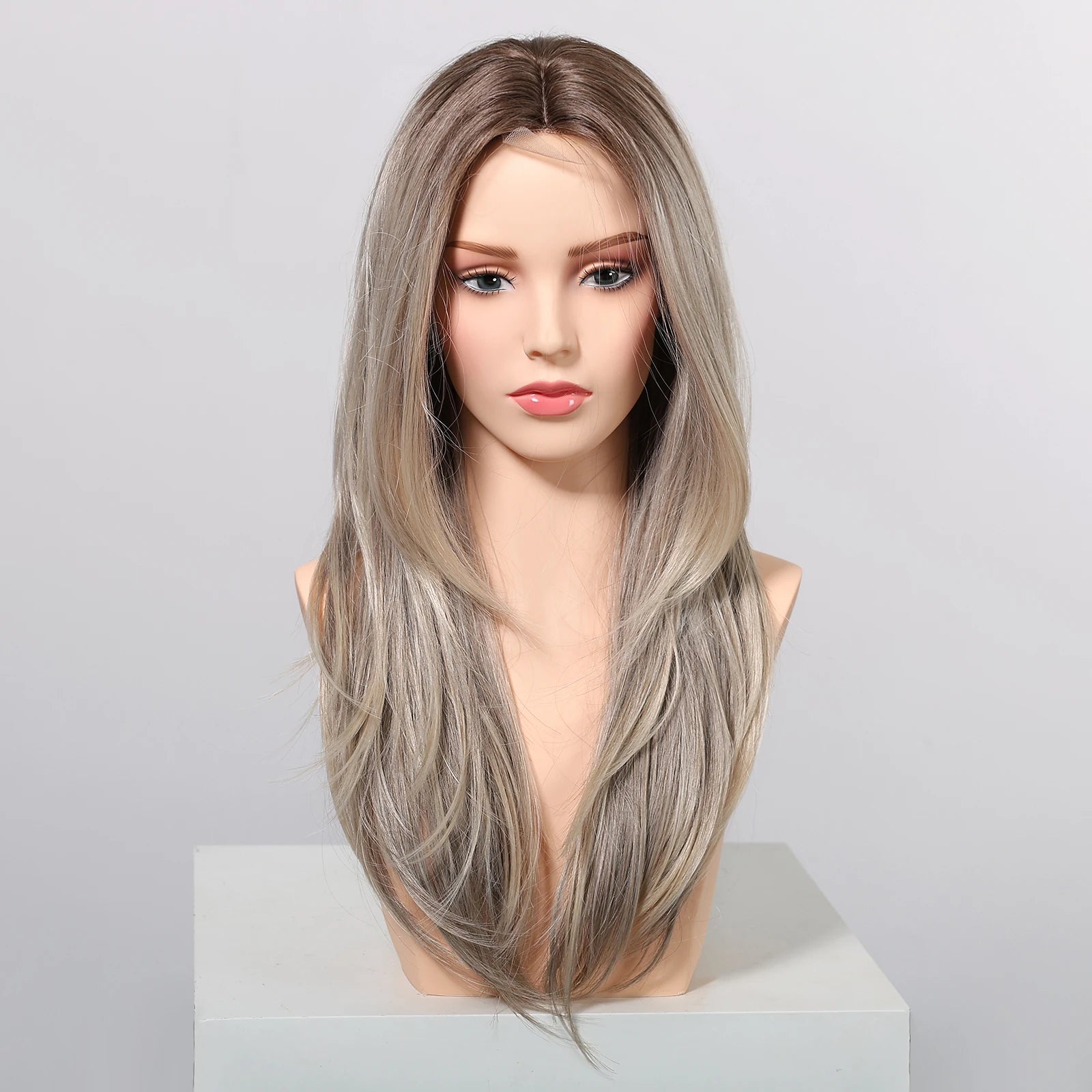Gray Blonde Synthetic Wigs Dark Root Hairline Lace Frontal Straight Layered Wigs for Women Ladies Daily Use Wigs Heat Resistant