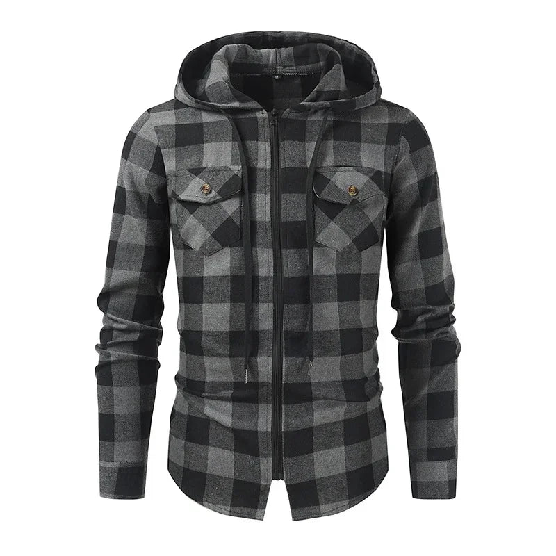 Men's New Plaid Hooded Sweater Long Sleeve Casual Thin Jacket Stand Hooded Shirt European Style Fashionable Outwear