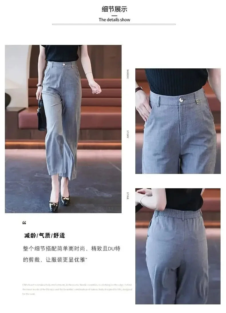 Nine-point Wide-leg Pants for Women in Summer Thin New High-waist Drooping Ice Silk Suit Women's Slim Straight Pants
