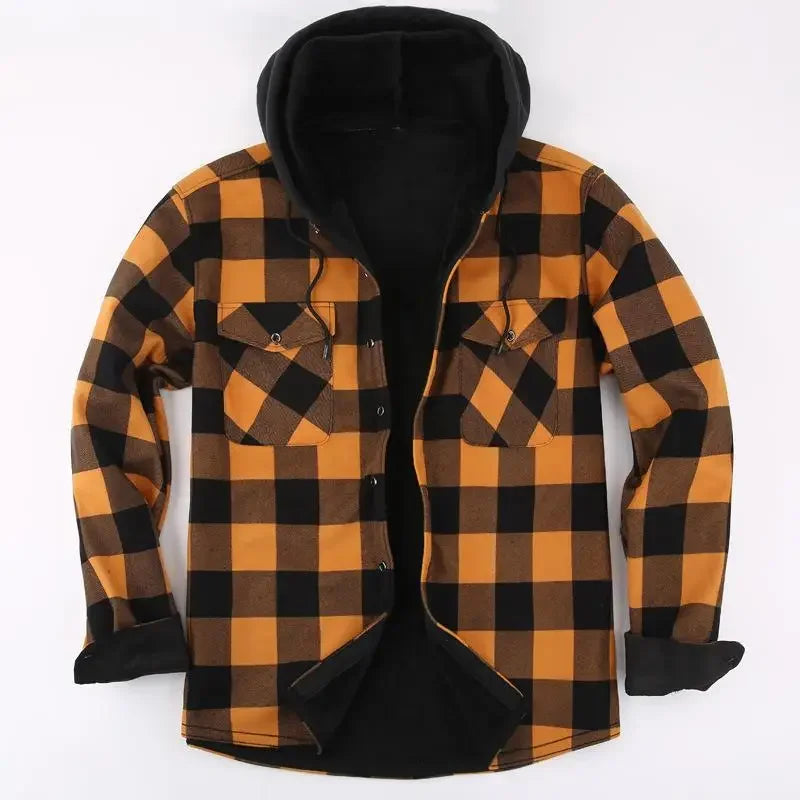 Plus Size Men's Hooded Plaid Shirt Warm Fleece Lined And Thickened Top Long Sleeve Outerwear For Autumn/Winter