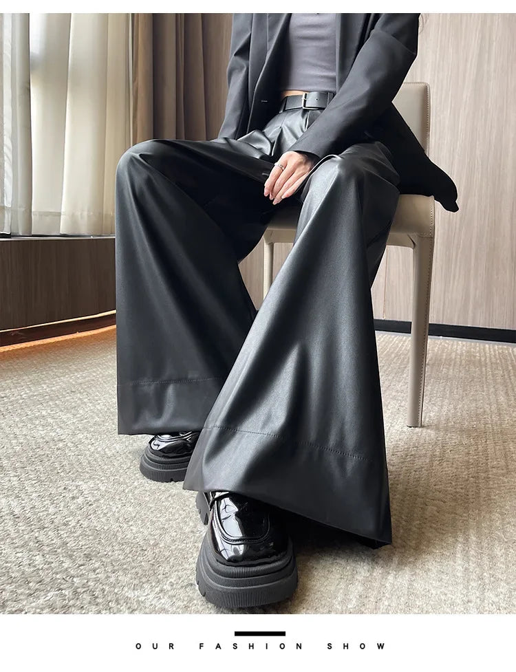 High Waist Wide Leg PU Leather Pants Women's Suit Casual Floor Length Trousers Autumn Winter New Style Loose Fit Long Pants