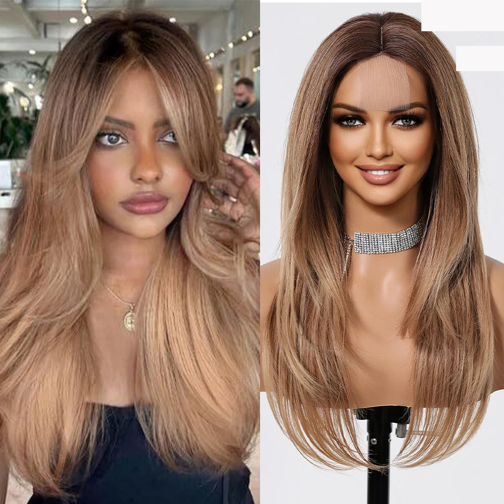 Gray Blonde Synthetic Wigs Dark Root Hairline Lace Frontal Straight Layered Wigs for Women Ladies Daily Use Wigs Heat Resistant