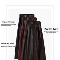 High Waist Wide Leg PU Leather Pants Women's Suit Casual Floor Length Trousers Autumn Winter New Style Loose Fit Long Pants