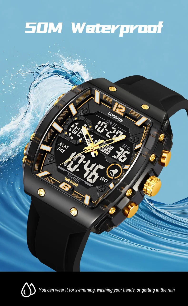 LOQNCE Sports Watches Fashion Men Watches 50m Waterproof Rectangle LED Big Dial Display Digital Watches LED Wristwatches Men