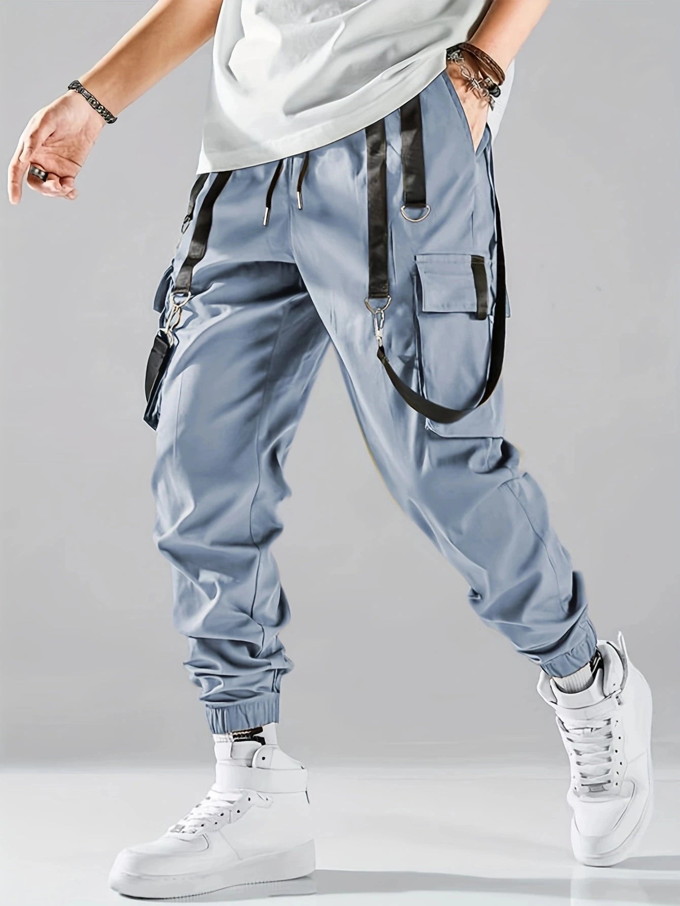Fashion Men's Casual Techwear Drawstring Multi Flap Pockets Cargo Pants Hip hop Joggers Pant